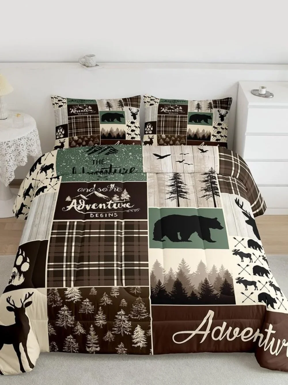 Rustic Patchwork King Bed Comforter Set, Hunting Deer Bear Bedding Retro Cabin L